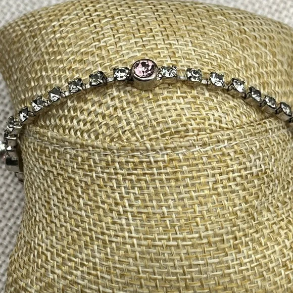 Vintage Pink & White Rhinestone Silver-Tone Bracelet - 7.5" - Picture 7 of 13